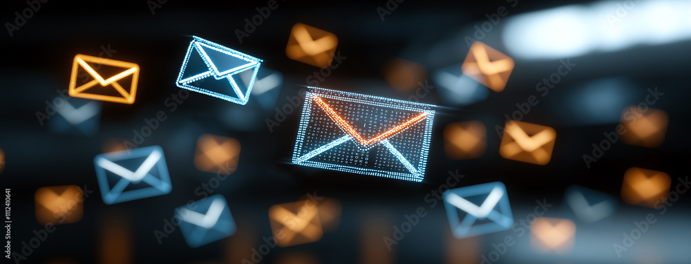 Poster digital email icons in blue and orange colors floating in modern space, representing communication a