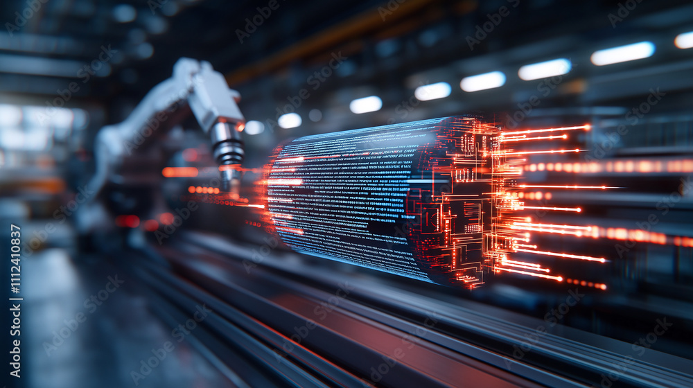 Poster futuristic robotic arm manipulating digital object with glowing data streams. this advanced technolo