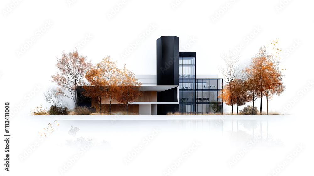 Poster modern building design with large glass windows and autumn trees. structure features sleek black tow