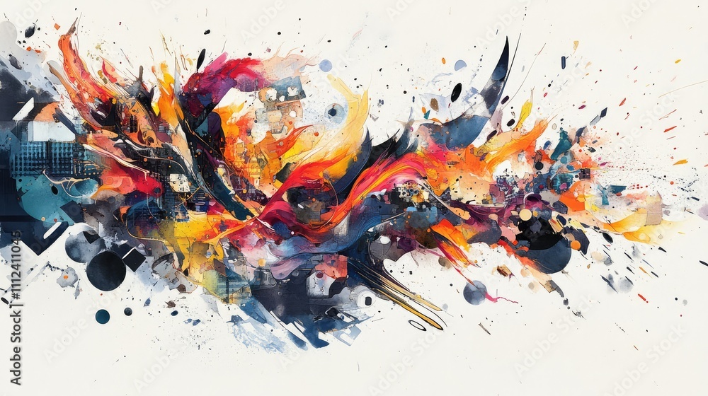 Poster a vibrant, abstract splash of watercolor with pixelated elements gradually emerging from the chaos, 