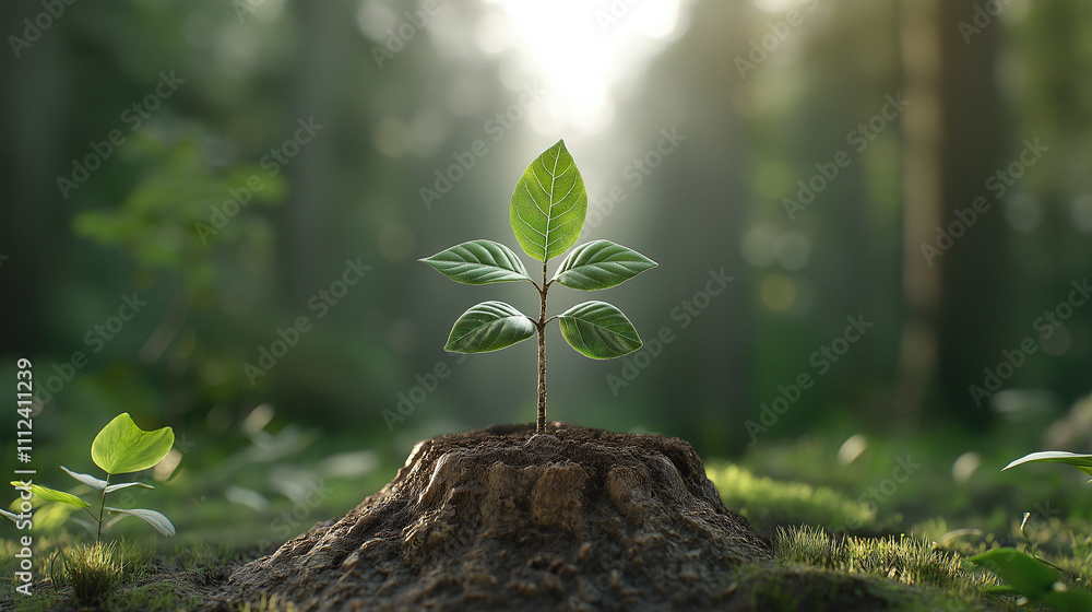 Poster small tree grows from center of tree stump, surrounded by lush greenery. sunlight filters through fo