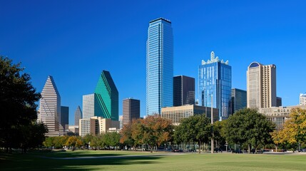 Obraz premium A daytime shot of a downtown skyline with tall glass buildings and clear blue skies in the background