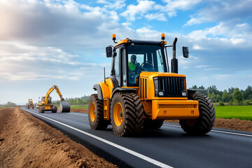 Heavy machinery operates on construction site, showcasing yellow road roller and bulldozer on asphalt road. scene captures essence of roadwork and infrastructure development
