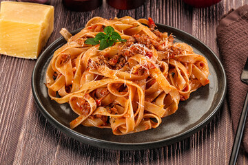 Italian pasta bolognese with beef minced meat