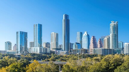 Fototapeta premium A daytime shot of a downtown skyline with tall glass buildings and clear blue skies in the background