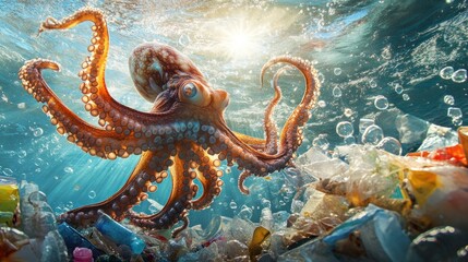 Obraz premium An octopus swims amidst plastic pollution in the ocean. (1)