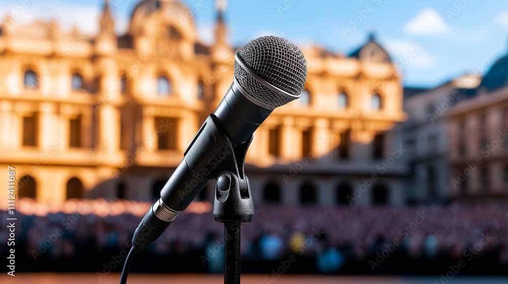 Poster microphone stands prominently on stage, ready for performance, with blurred audience and historic ar
