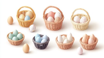 Colorful Easter eggs in various baskets for festive decoration.