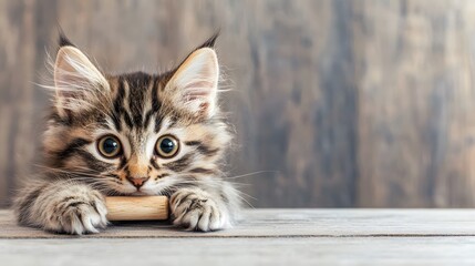 Fototapeta premium fluffy cat photography with wooden. A playful kitten with striking eyes rests its paws on a wooden surface, looking curiously at the camera against a rustic backdrop.