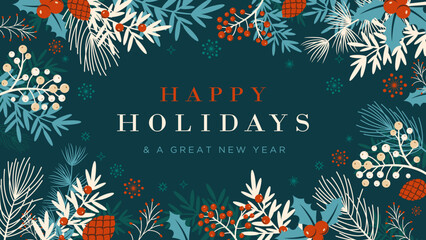 Happy Holidays Christmas greeting card, 
Merry Christmas background with Happy new year text, typography, banner, frame, border, 
mistletoe, clipart, holly berries, leaves, snowflakes