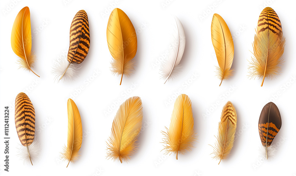 Aufkleber golden feathers in various shapes and sizes, showcasing intricate patterns and textures. perfect for