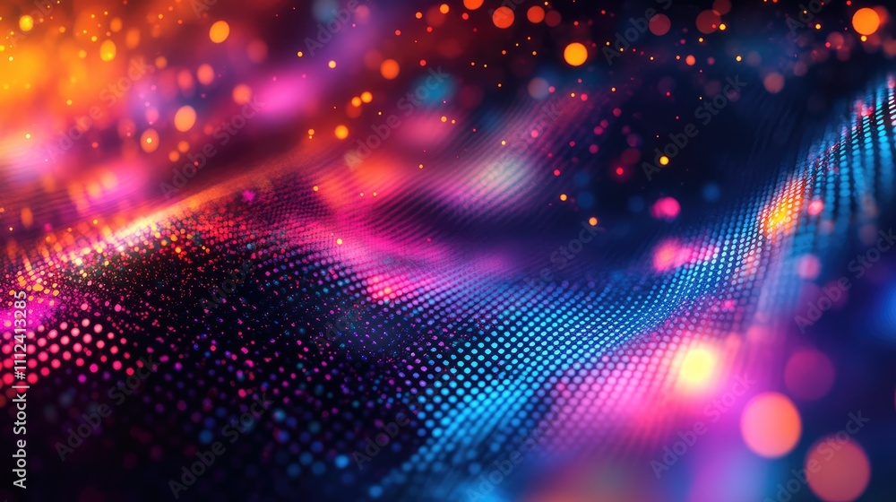 Poster a vibrant pixel dot pattern in neon colors, creating an energetic and chaotic abstract digital artwo