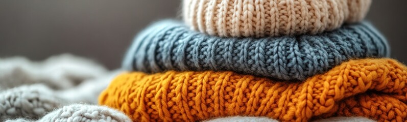 Several knitted hats stacked on top of each other on a blanket, space for text
