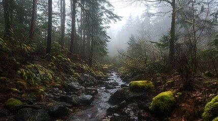 Obraz premium A dense forest covered in mist, with towering trees, moss-covered rocks, and a small stream flowing through the underbrush