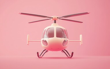 3D illustration of a helicopter in a simple and minimalist style, featuring a cute pastel color palette, placed against a solid pink background