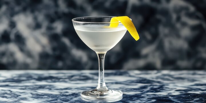 Italian-style Vesper Martini garnished with lemon peel, served in a sleek martini glass on a marble background, front view, ample text space.