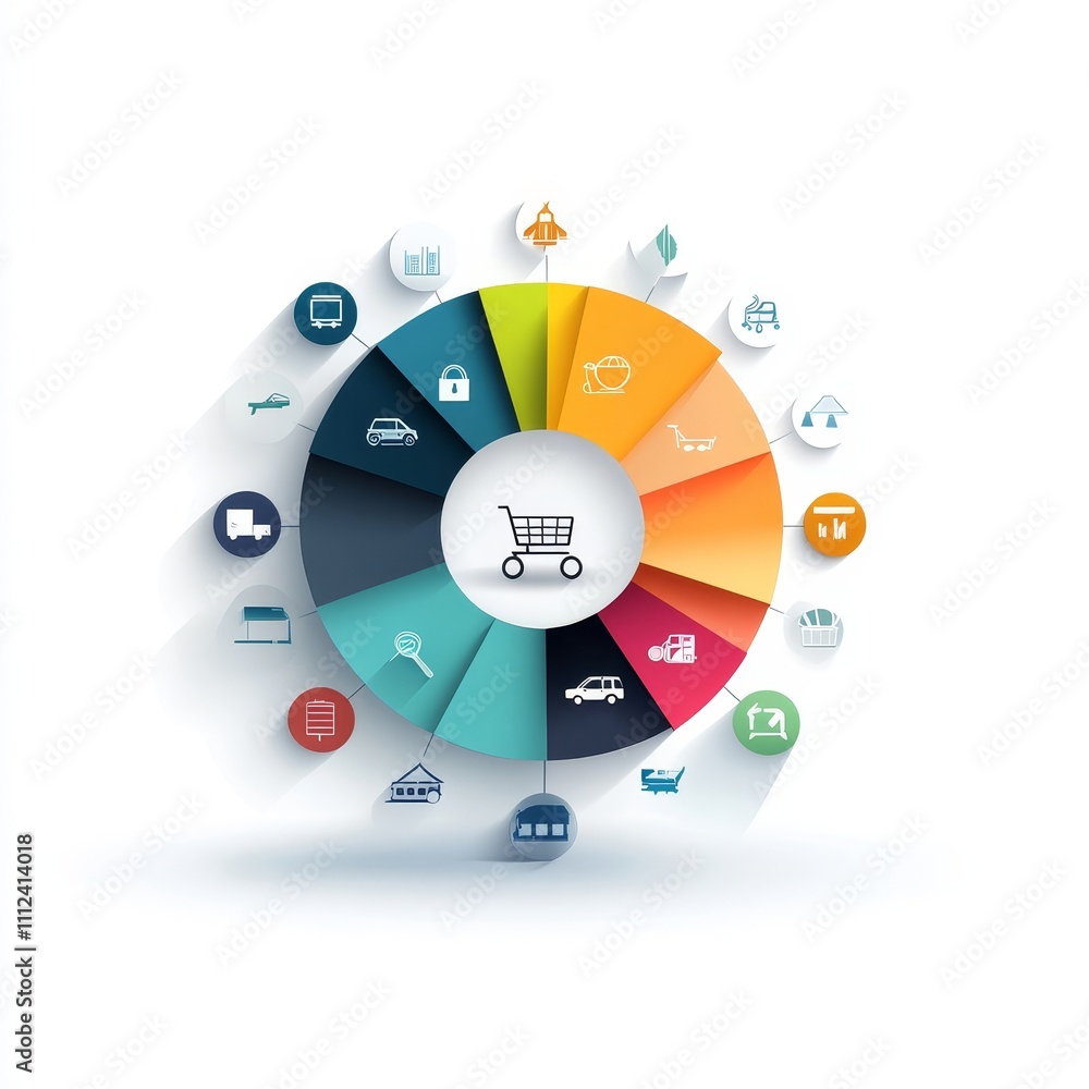 Poster a colorful pie chart composition, segmented transport modes with matching icons, central cart emblem