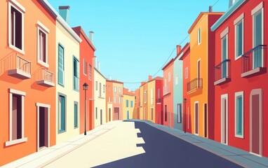 Obraz premium A flat vector-style illustration of a serene city street, featuring vibrant orange and red buildings on each side, under a sunny blue sky