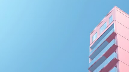 Pink Building Corner With Blue Balconies Against Blue Sky