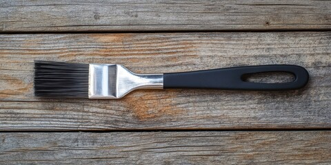 Silicone basting brush with a stainless steel handle, placed on a rustic wooden surface, top view, ample space for text, DSLR detail.