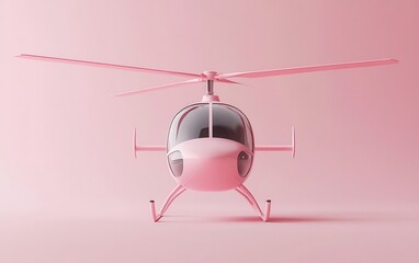 Minimalist 3D helicopter illustration with a playful cartoon design in pastel shades, displayed on a solid pink backdrop, frontal view, clean shadowless design