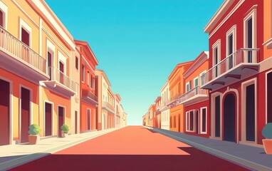 Obraz premium Minimalist vector illustration of a colorful urban street with red and orange-toned buildings lining both sides, set under a sunny, clear blue sky