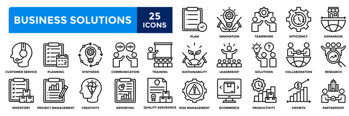Business solutions icon collection set. Containing plan, innovation, teamwork, efficiency, expansion, solutions, collaboration icon. Simple line vector illustration.