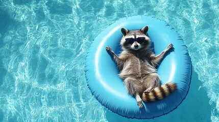 Relaxed raccoon in sunglasses floats on blue inflatable ring in swimming pool. (5)