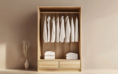 Modern wooden wardrobe in a 3D render, showcasing clean lines with white shirts folded and on hangers, beige background