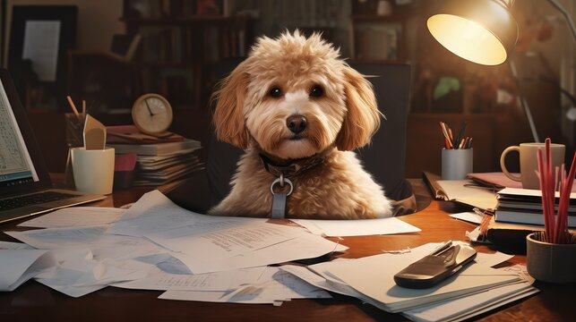 poodle dog at a desk