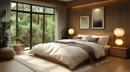 Fototapeta premium Cozy Walnut Furniture Stylish Bedroom Decor