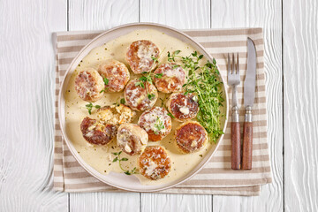 juicy chicken rissoles, cakes in rich cream sauce
