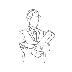 Engineering outline character line art illustration hand drawn engineer holding blueprint document.