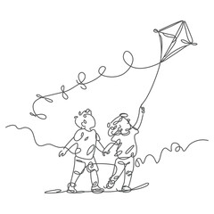 Single one line drawing two girl playing to fly kite up into sky at outdoor field. Kids playing kite in playground. Children with kites game and they look
