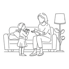 One single line drawing of young mother giving a high five to her son for a success achievement, parenting vector illustration. One single line drawing of young