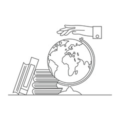 Hand with outstretched palm holds the globe, the globe above the outstretched palm, flat design Doodle stick figure: Reading boy sitting on big book with