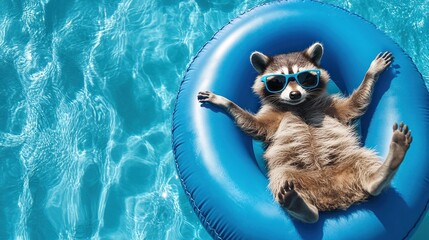 Relaxed raccoon in blue sunglasses floats on a blue inflatable ring in a swimming pool.
