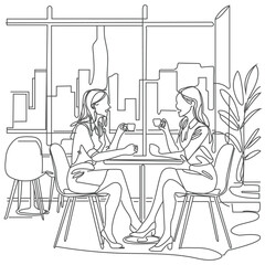Continuous line illustration of two women involved in a thoughtful discussion or interview. Highlights the importance of communication in a clean format.