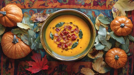 Flat lay of curried pumpkin soup garnished with crispy bacon bits, styled with fresh pumpkins and curry leaves