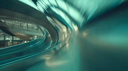 Abstract image of a curving escalator inside a modern building, showcasing dynamic lines and teal tones, evoking a sense of movement and futuristic architecture.
