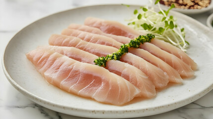 Sake Cured Hamachi with Yuzu Kosho and Shiso Oil, Japanese Appetizer Photography