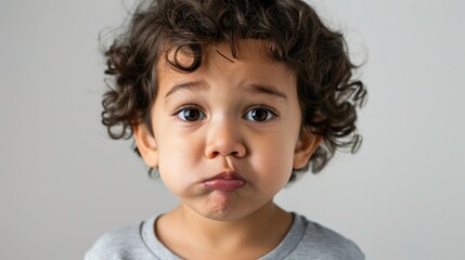 Naklejka premium A young child with curly hair and a gray shirt making a pouting face.