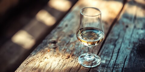 Small grappa glass with clear liquid on rustic table, ample space for text included.