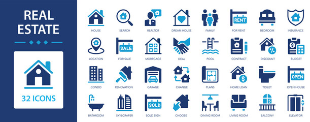 Real estate flat icons collection. Real estate search, home sale and rental. Realtor, key, buy, sell, kitchen, bedroom, house.