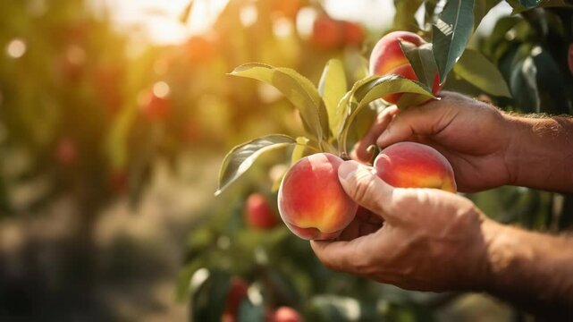 Harvesting fresh ripe peaches with close up hands of farmer. Slow motion