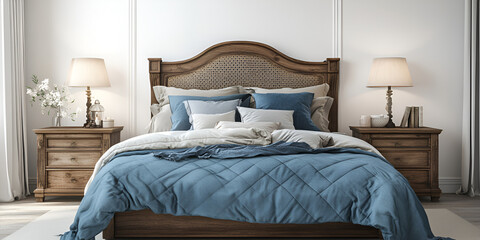 Cozy Bedroom with Wooden Bed and Blue Bedding