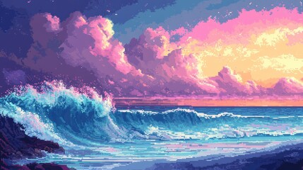 Fototapeta premium A pixelated coastal landscape, with abstract waves and a vibrant sky blending shades of pink, purple, and blue