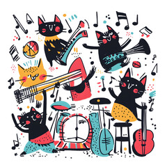 Whimsical and playful illustrations of cats in various humorous scenarios, featuring vibrant doodle art
