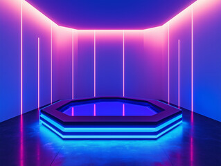 Bright neon lights enhance the ambiance of a modern octagonal pool setup in a minimalist room