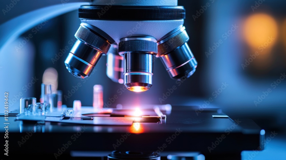 Poster high-tech microscope over laboratory slide with illuminated objective lenses capturing precise detai